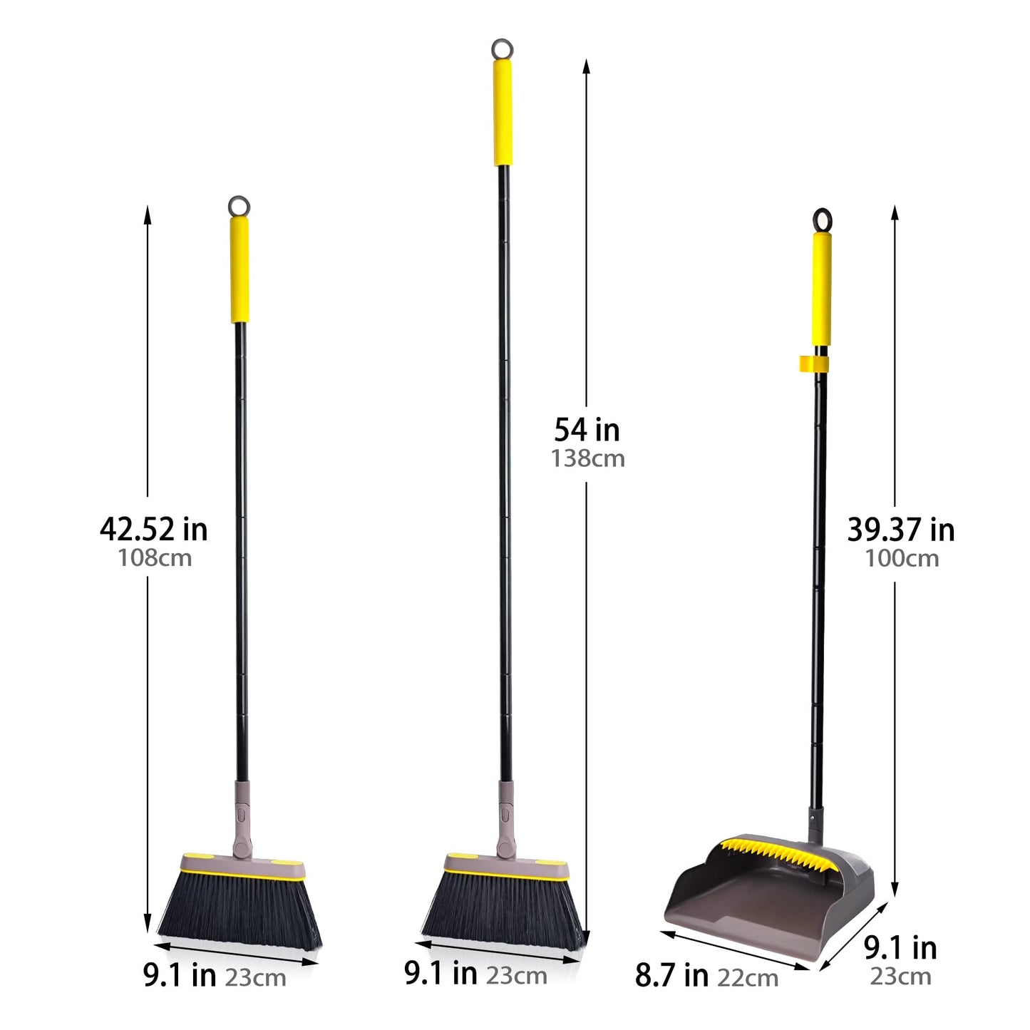 JEHONN Dustpan and Brush Set with 138 CM Long Handle, Tall Sweeping Broom with 180 Degree Swivel Head, Unique Garden Dust Pan with Comb Teeth for Indoor Outdoor Home Lobby Kitchen Office Room
