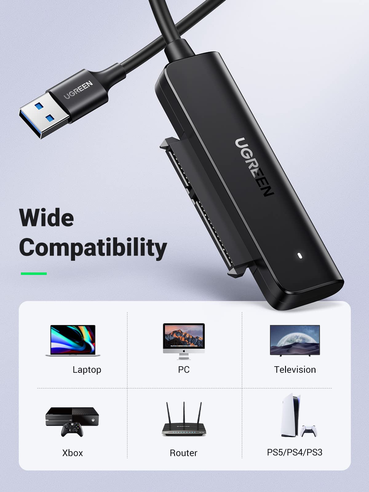 UGREEN USB 3.0 to SATA Adapter, 2.5 Hard Drive Reader, Plug and Play 2.5 SATA to USB Adapter Cable, UASP & TRIM, Tool-free External SATA HDD SSD Converter Compatible with 2.5 Inch HDD SSD PC Laptop