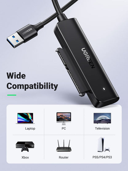 UGREEN USB 3.0 to SATA Adapter, 2.5 Hard Drive Reader, Plug and Play 2.5 SATA to USB Adapter Cable, UASP & TRIM, Tool-free External SATA HDD SSD Converter Compatible with 2.5 Inch HDD SSD PC Laptop