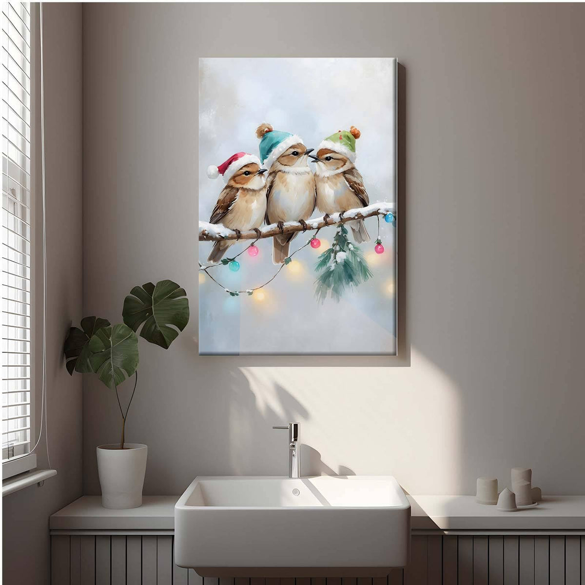 Framed Canvas Wall Art Christmas Birds Winter Art Print Wall Art Holiday Poster Trendy Christmas Decor 8x12in Wood Framed