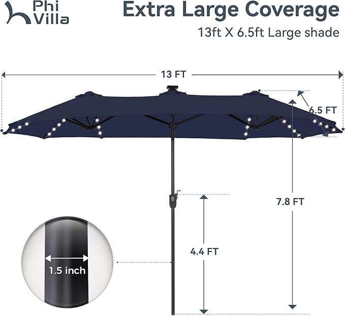 PHI VILLA 13ft Patio Umbrella with Solar-Powered 120 PCS LED Color-Changing Lights, Triple-Head Large Rectangle Umbrella Outdoor Patio for Table with Crank Lift,Navy Blue(No Base)