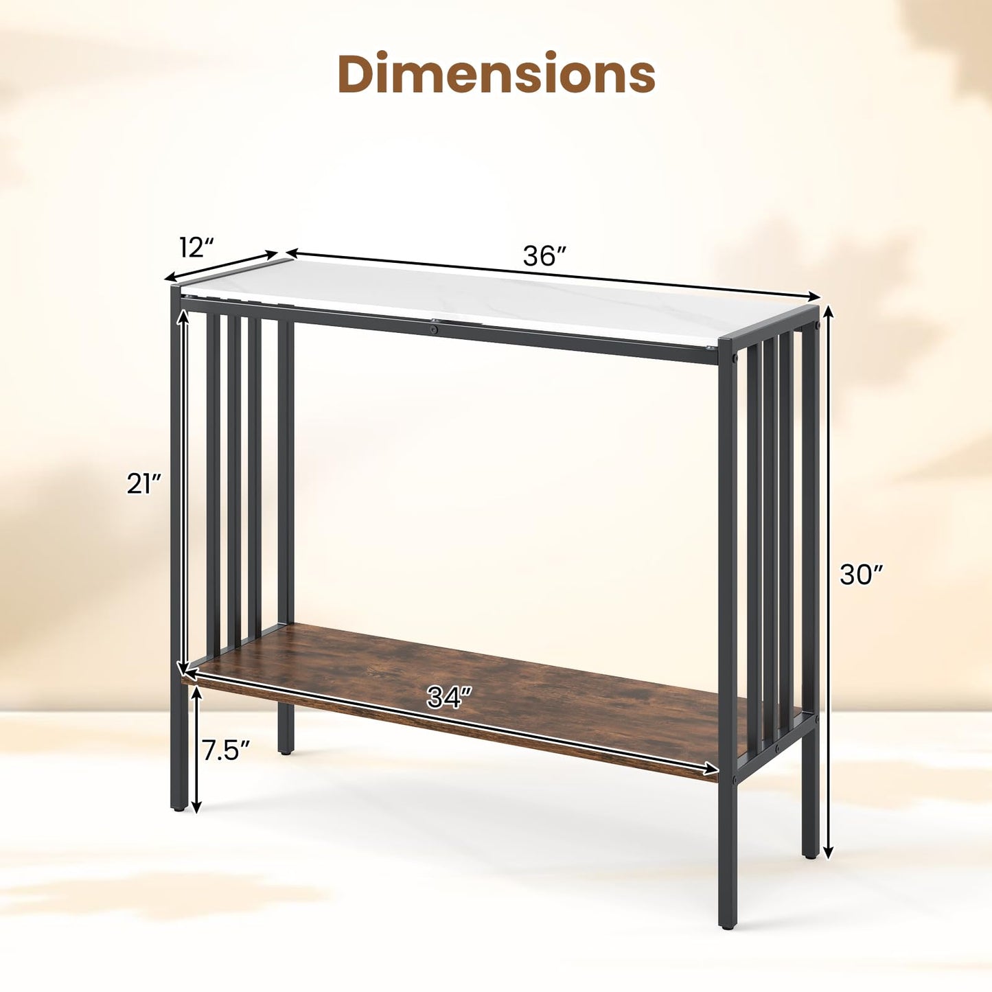 Giantex 36" Narrow Console Table, 2-Tier Industrial Entryway Table with Open Storage Shelves & Metal Frame, Faux Marble Sofa Table Behind Couch for Living Room, Hallway, Foyer, White & Rustic Brown
