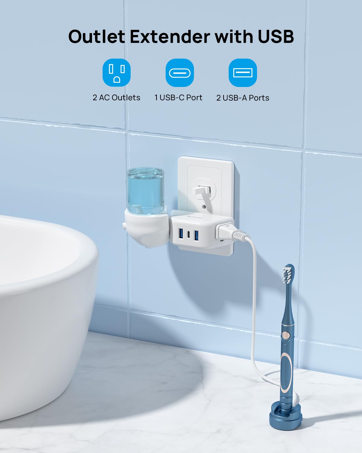 TROND Multi Plug Outlet Extender 2 Pack - Electrical Wall Splitter, 3 Way Angled Wall Outlet Adapter, Cruise Essentials, Small Multiple Plug Expander for Cruise Ship Home Office Dorm Room, White