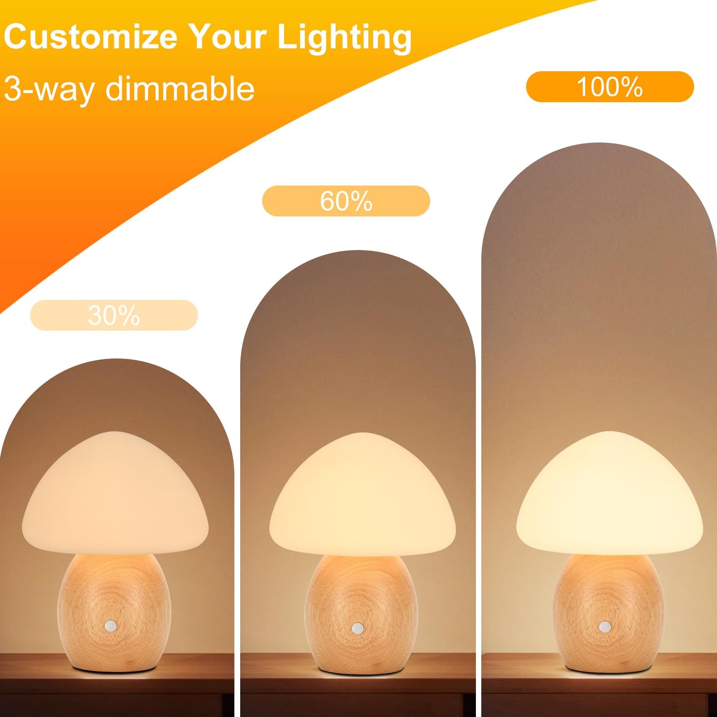 BNYFDC Mushroom Lamp with Touch Control Switch, Small Wooden Table Lamp with Glass Shade, 3 Way Dimmable Nightstand Lamp for Bedroom, G9 LED Bulb Included (Nature Wood&Opal White Glass Shade)