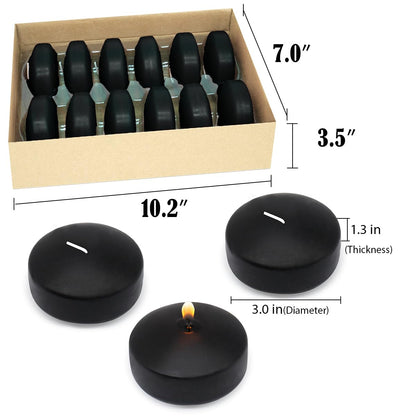 Set of 12 3 inch Black Floating Candles Large Unscented Dripless Water Wax Halloween Candles for Vases, Centerpieces at Wedding, Party, Pool, Halloween Holidays - 10 Hour Burning