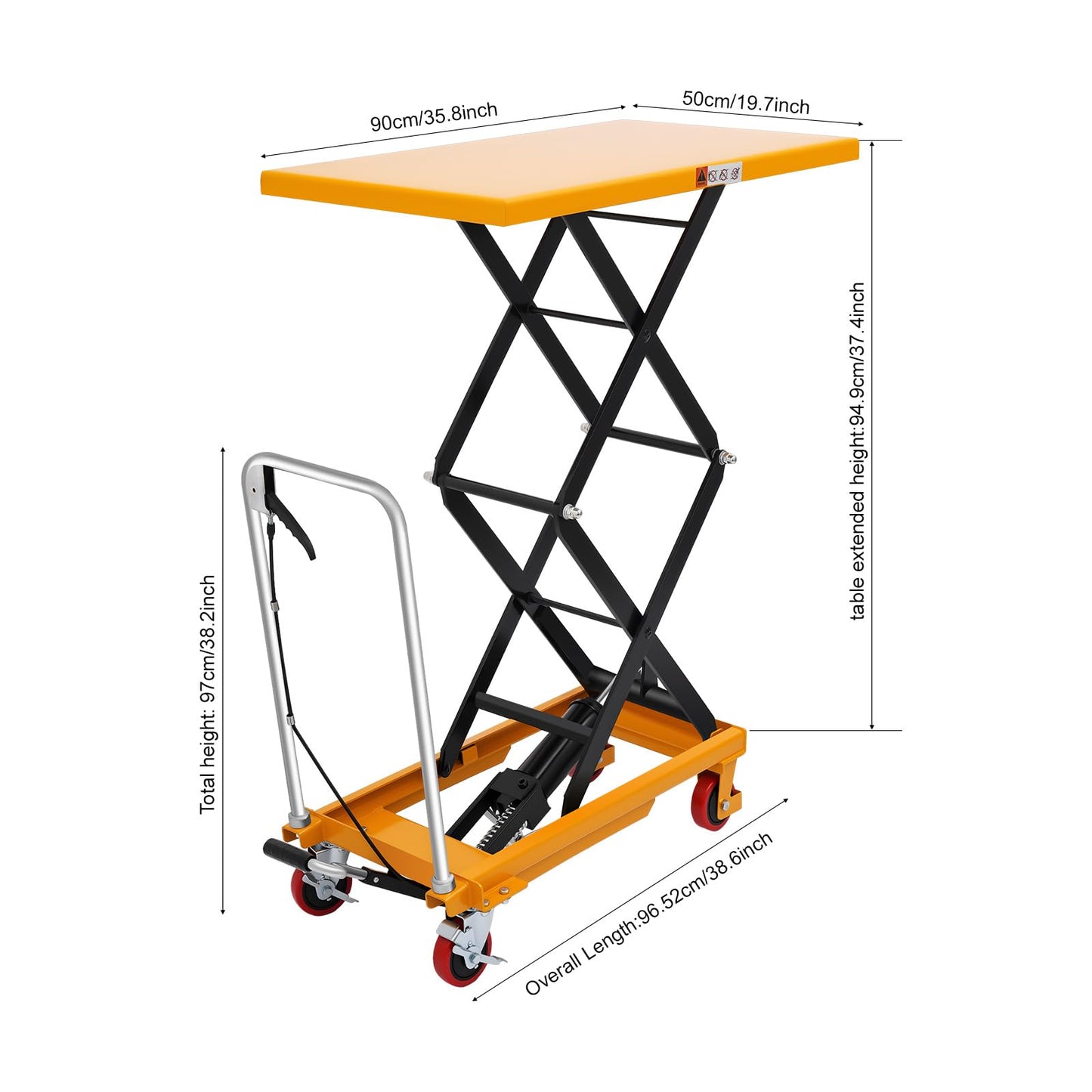 770 LBS Hydraulic Lift Table Cart, 49.6" Lifting Height, Double Scissor Lift Table with 4 Wheels, Hydraulic Material Lift Pallet Truck for Workshop Warehouse Material Handling (Yellow)