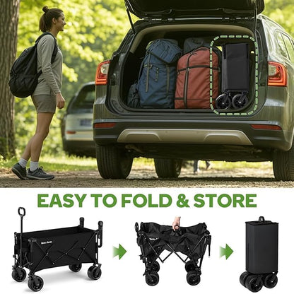 BEAU JARDIN XXL Festival Trolley Beach Cart - 300L 230KG(500LBS) Heavy Duty Folding Wagon All-Terrain Utility Wide Wheels for Camping & Shopping | Push & Pull Handle | Portable Collapsible | Black