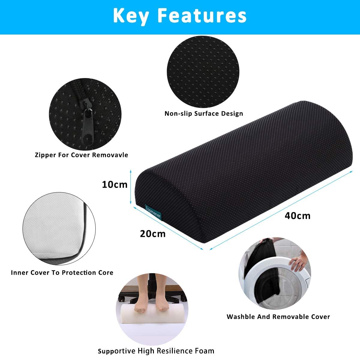 Topmener Ergonomic Foot Rest Cushion Foot Stool Under Desk with Massage Dots, Footrest Office with Washable Cover & Portable Handle, for Home Working& Office & Travel, Relieve Leg, Knee and Back