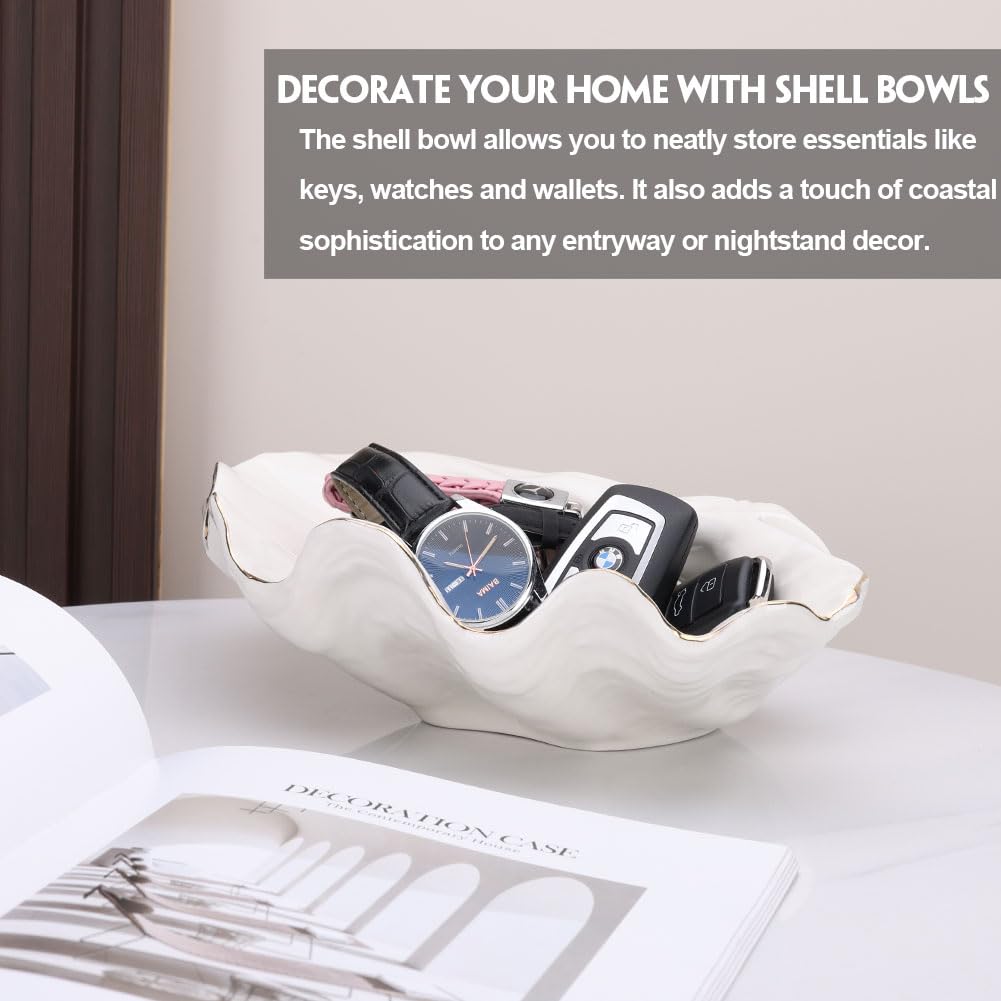 White Sea Shells Decorative Bowl - Large Clam Shell Bowl, Fruit Bowl, Key Bowls, Candy Dish, Coastal Ocean Centerpieces for Entryway, Living Room, Bathroom, Beach House, Nautical, Seaside, Shelf Decor