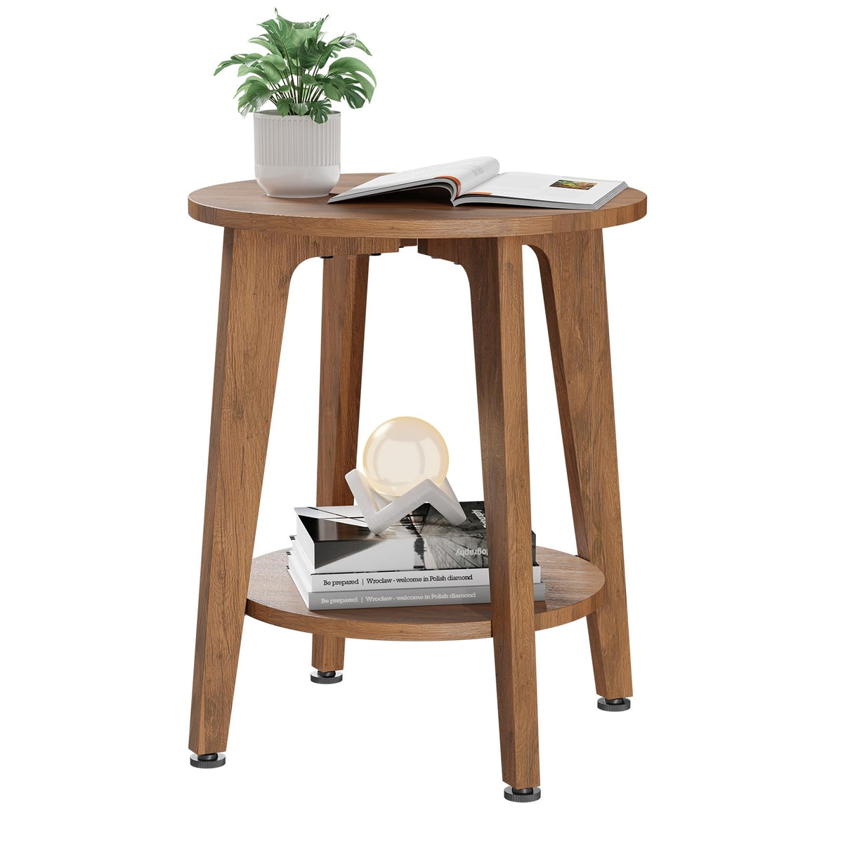 Simple Trending Round Side Table, Small End Table, Nightstand Bedside Table with Tapered Legs, for Living Room, Rustic Walnut