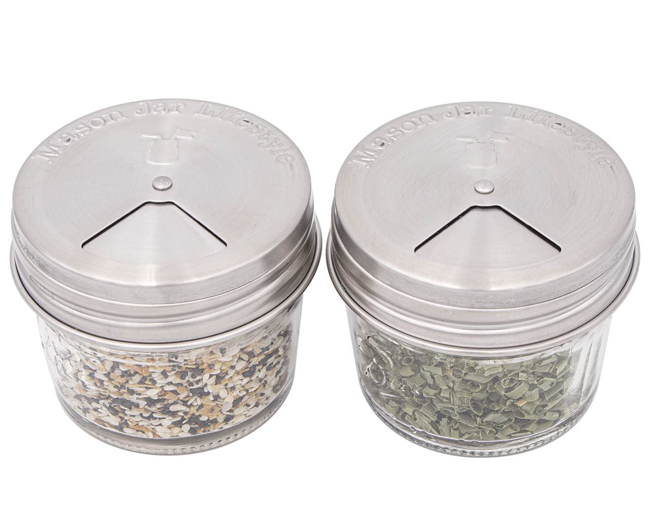 Mason Jar Lifestyle Adjustable Spice Shaker Lids for Regular Mouth Mason Jars – 4 Pack Stainless Steel Tops with Shaker and Pour Options – Seasoning Dispenser Lids