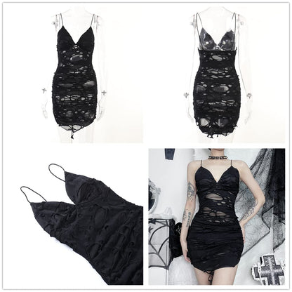 Punk Tight Dress Sheer Ripped Gothic Sexy Spaghetti Strap Dress Black Goth Distressed Alt Emo Pencil Mini Dresses,Medium