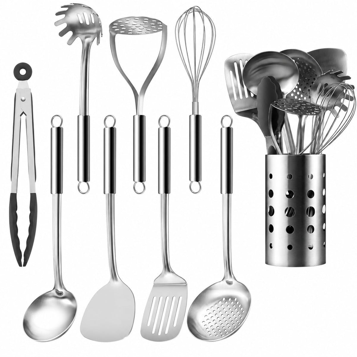 Pleafind Cooking Utensils Set - 9 PCS Stainless Steel Kitchen Utensils Set with Utensil Holder, Heat Resistant Wok Utensils Set, Kitchen Tools Set with Spatula, Ladle, Slotted Spoon, Dishwasher Safe