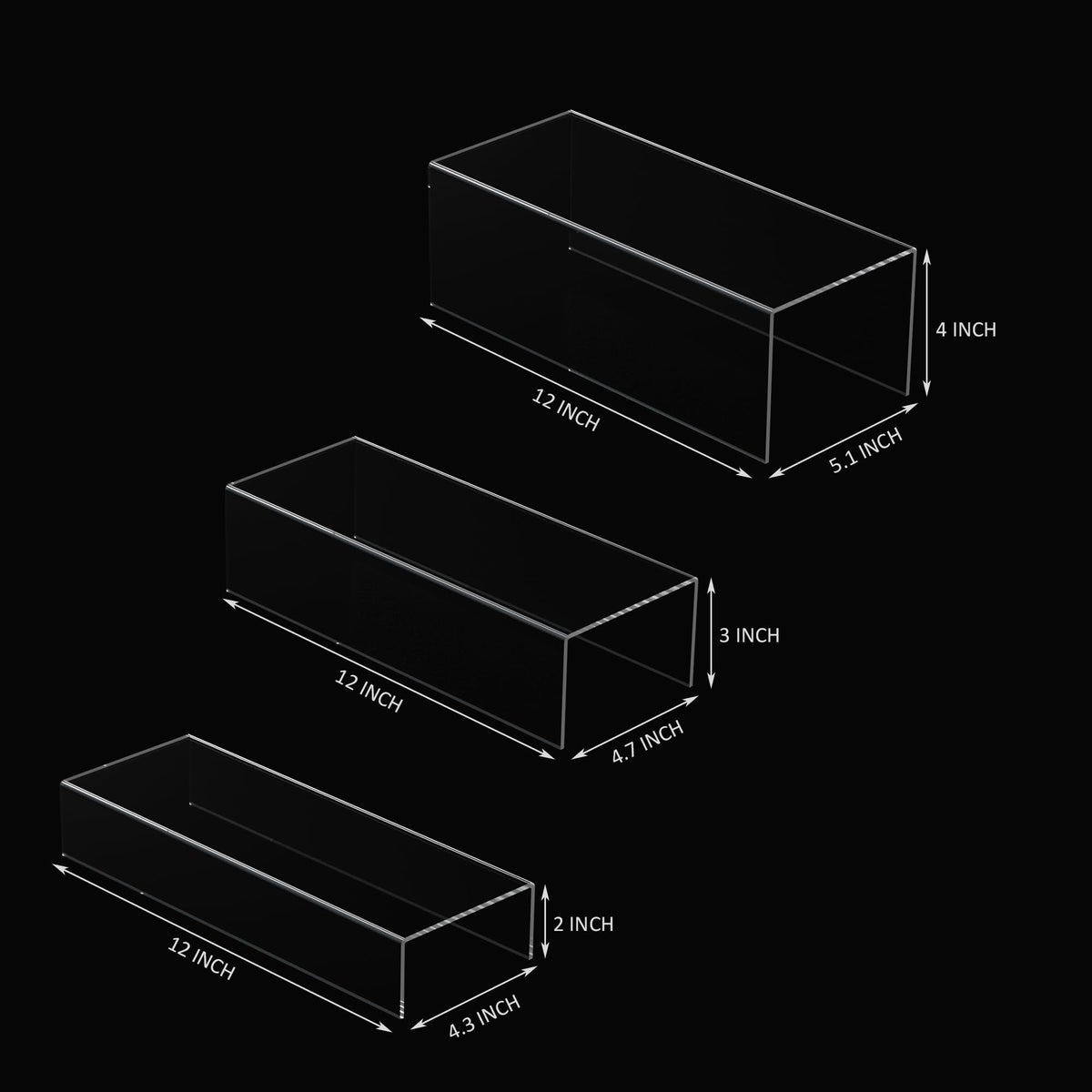 Sezanrpt Clear Riser Display Shelf 3pcs, Desktop Rectangular Acrylic Display Shelves Storage Organizer, Acrylic Stands for Funko Pop Figure, Bags, Shoes, Spice Jars, Skincare, Cosmetics - 12-2'', 3'',
