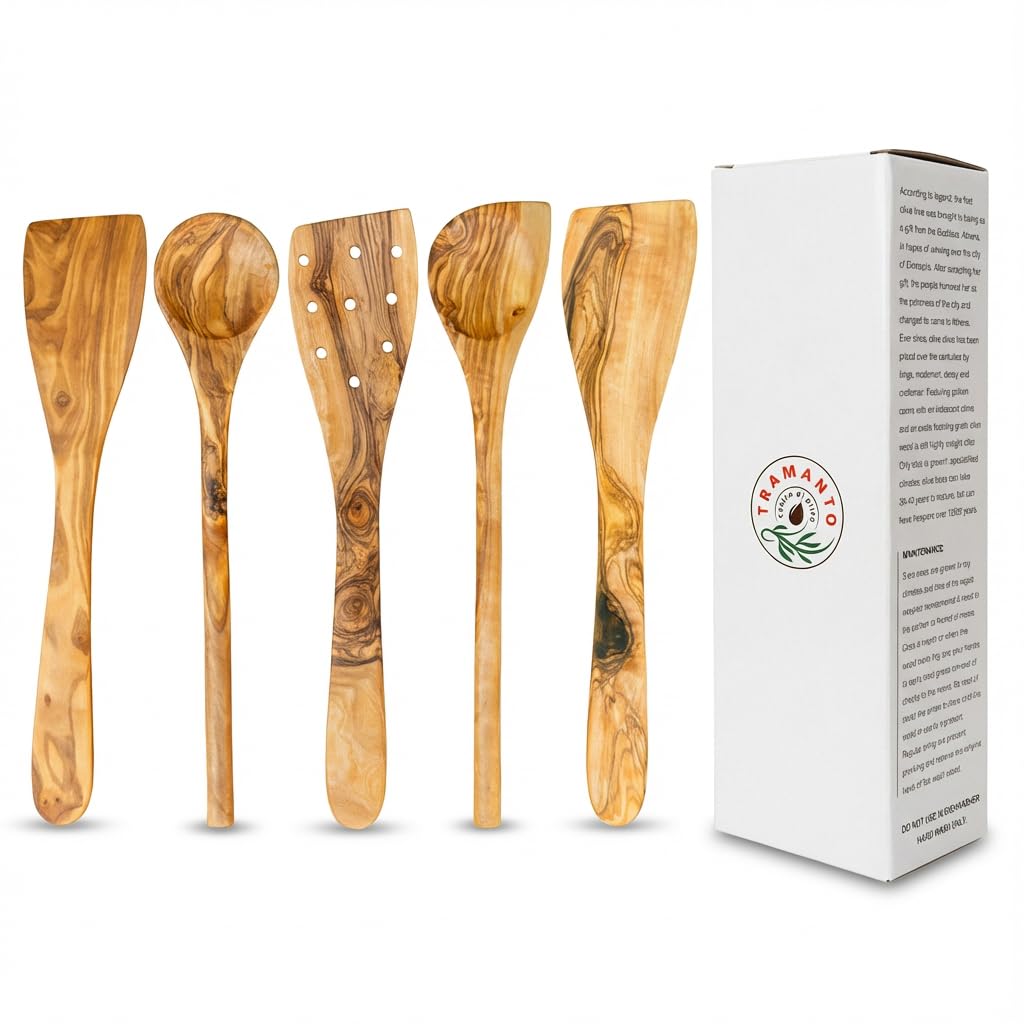 Tramanto Olive Wood Utensil Set - 5 Piece Spatula and Spoon Wooden Cooking Tools, 12 Inch Long, Rustic Hand Made with Gift Box