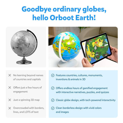 PlayShifu Educational Globe for Kids, Orboot Earth (+ App) Interactive AR World, 400 Wonders, 1000+ Facts, STEM Toy Gifts for Kids 4-10 Years, No Borders, No Names on Orboot Globe