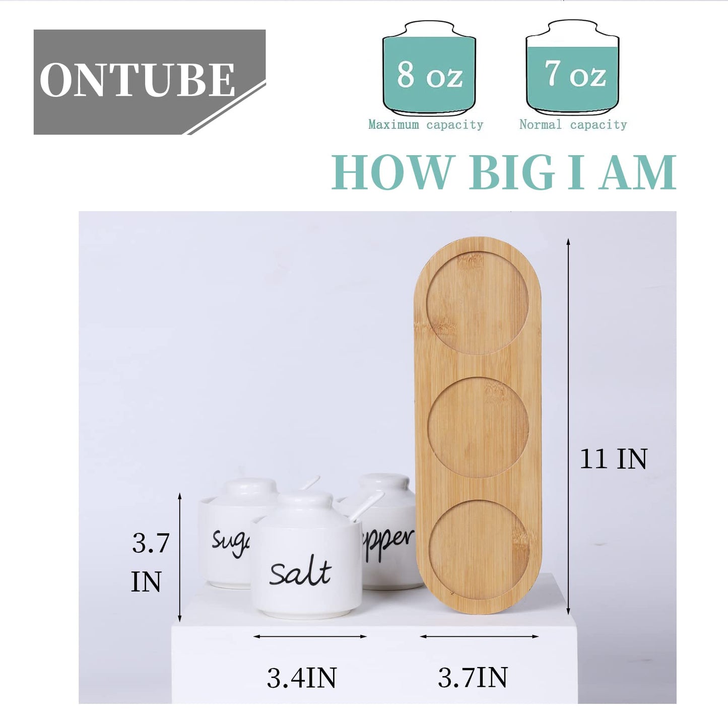 ONTUBE Farmhouse 8oz, Sugar Pepper and Salt Bowls with Lid and Spoon, Ceramics Condiment Pots,Seasoning Jar Spice Container for Kitchen,Dishwasher Safe (White)
