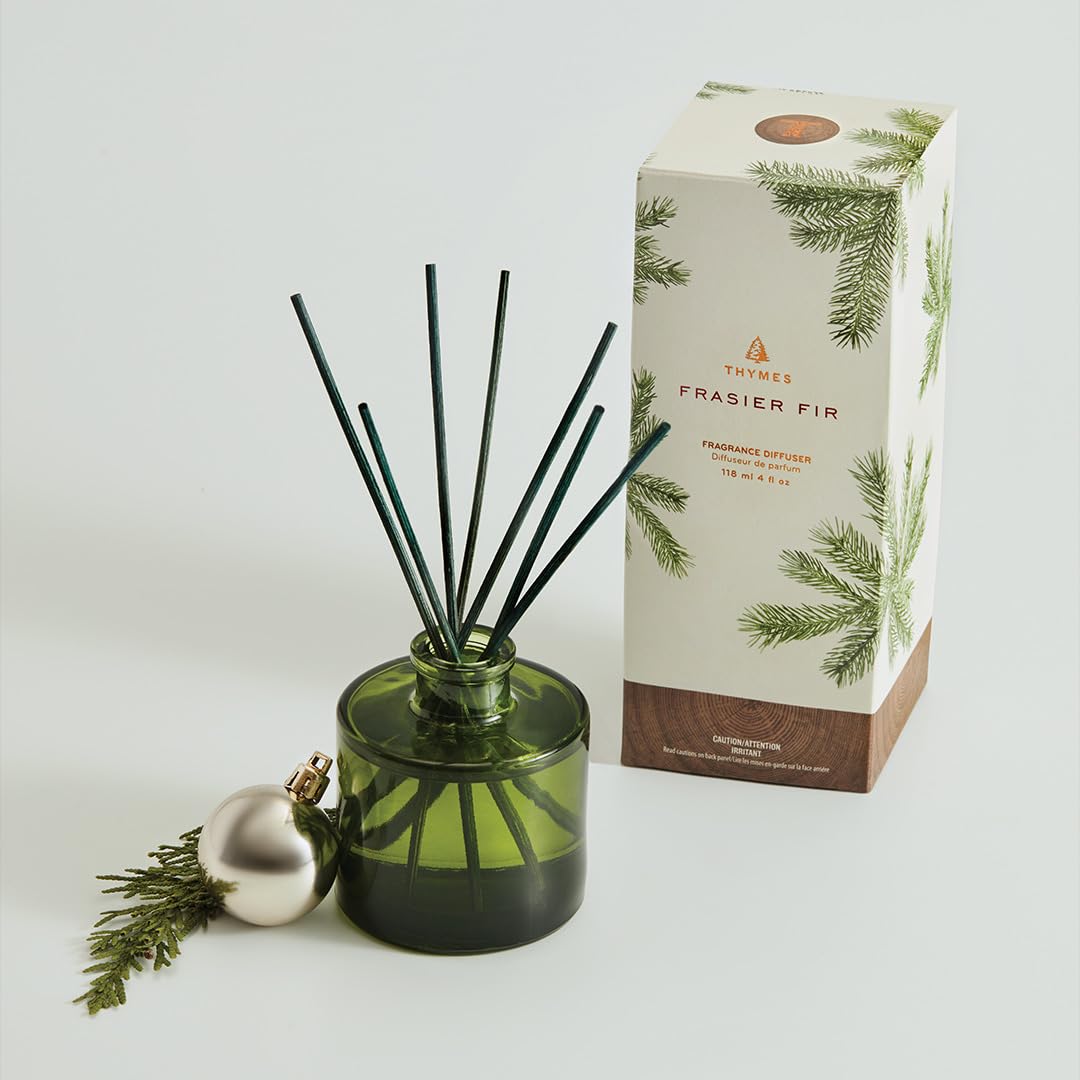Thymes Frasier Fir Reed Diffuser Set – Includes Reeds, Fragrance Oil, and Frosted Glass Bottle – Fragrance Oil Diffuser – Room Fresheners – Luxury Home Decor – Green & Clear (Pine Needle, 4 fl oz)