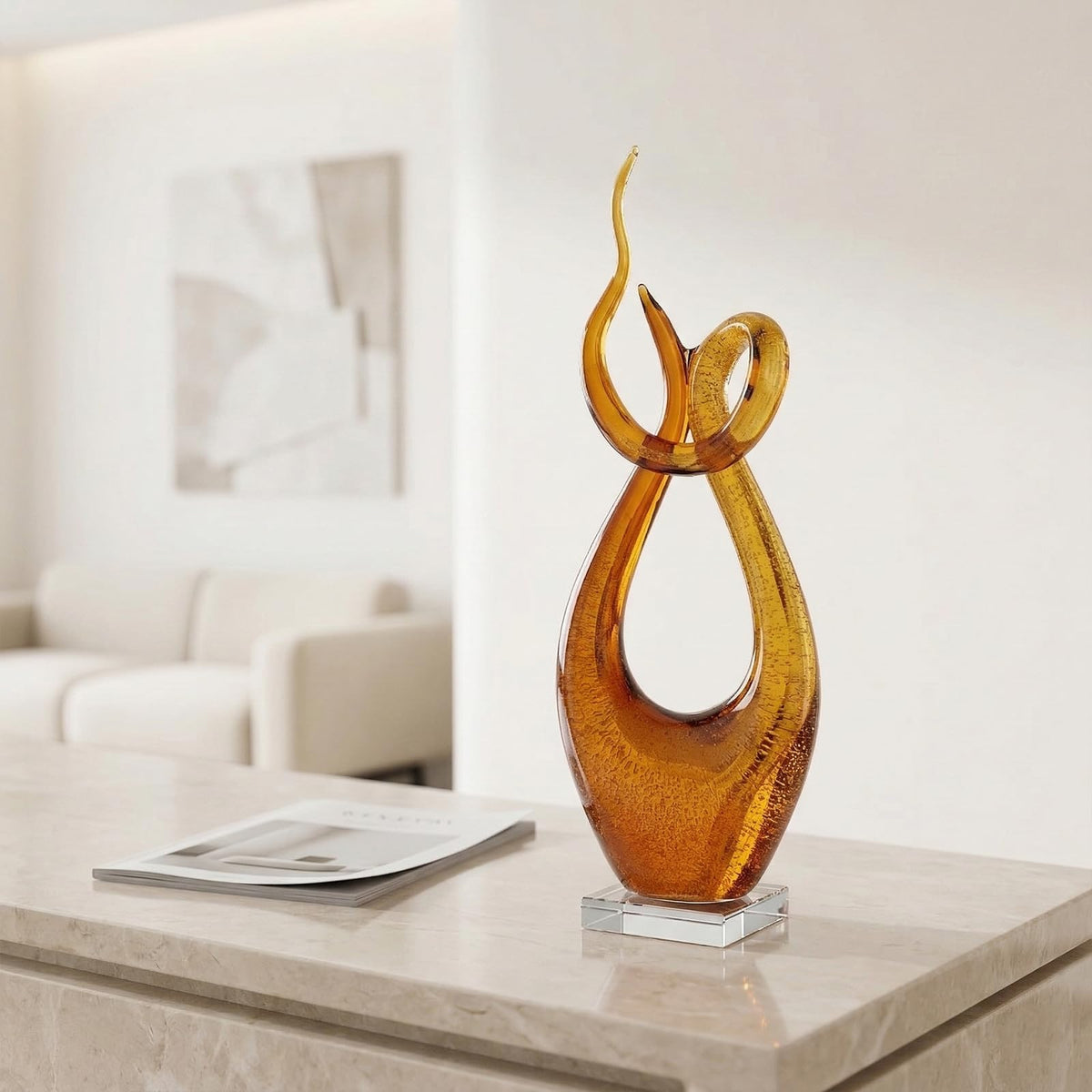 LCCCK 21.7in Tall Abstract Glass Sculpture Knot Spiral Statue, Amber Hand Blown Glass Art Decor for Home Living Room Bedroom Shelf Mantel Tabletop Display Decorative Figurine