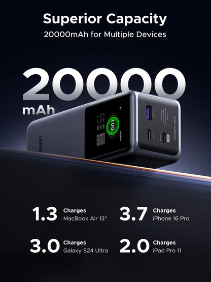UGREEN Nexode Power Bank 20000mAh 130W Portable Charger 72Wh PD Fast Charging 3-Port USB C Battery Pack with TFT Smart Display for MacBook/iPad/iPhone 17/16/Samsung S24 and More