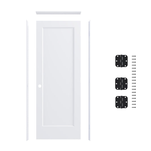 JUBEST 32"x80" Left-Hand Prehung Interior Door with Knock Down Jamb Kit & Matte Black Hinges, 1-Panel White Primed Hollow Core Molded Door Slab with Bore & Hinge Cutout, Durable & Sturdy, No Handle