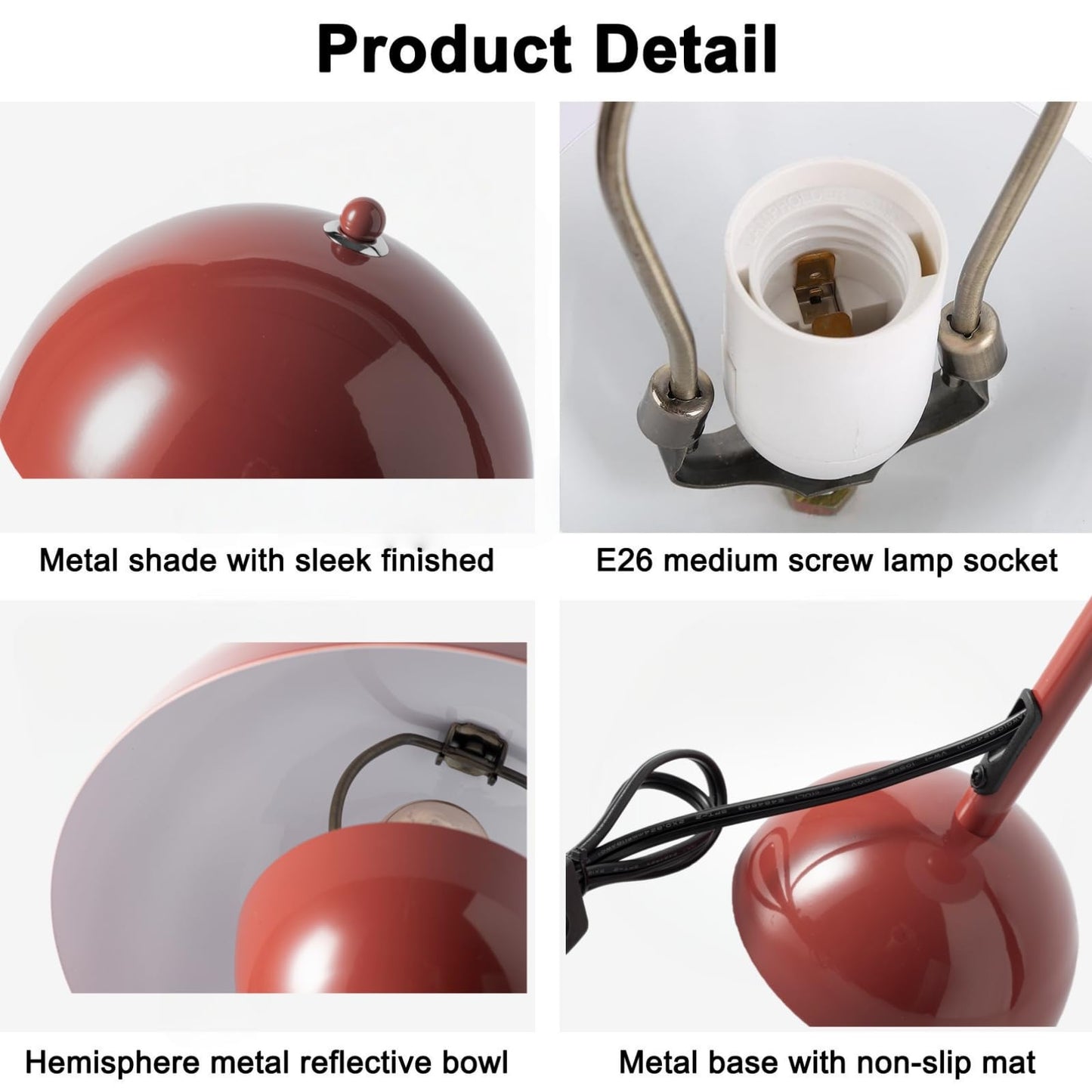 COSYLUX Modern Small Table Lamp for Bedroom, Cute Dome Shade Reflecting Light Reading Lamp for Living Room, Kid's Room, Study, Office, Beside Bedside Nightstand Desk Lamp(Coral Red/Burgundy)