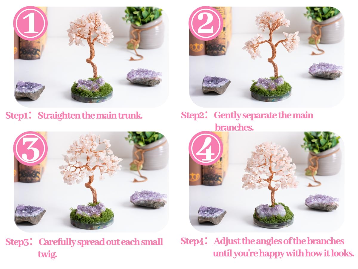Dreamocean Rose Quartz Crystal Tree of Life Pink Crystal Tree Money Gemstone Bonsai Tree for Positive Energy, Money, Good Luck Feng Shui Spiritual Decor Birthday Gifts for Women （Pink）