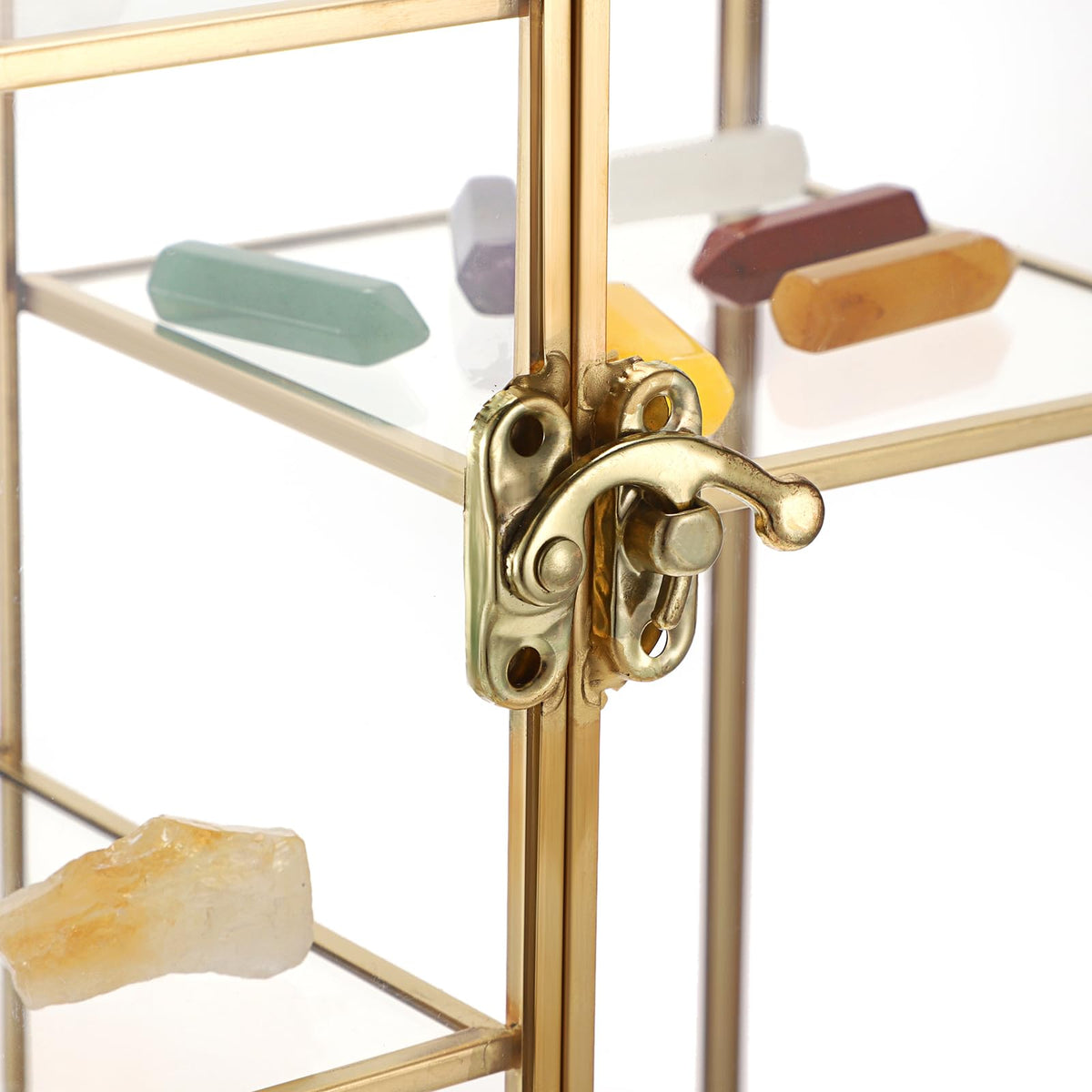 JUXYES 5 Grids Tabletop Brass Glass Rock Display Case with Latch Door - Modern Clear Rocks Collection Display Case Box - Gold Dust Proof Case Small Shelf for Collectible, Mineral Crystal, Rock, Stones