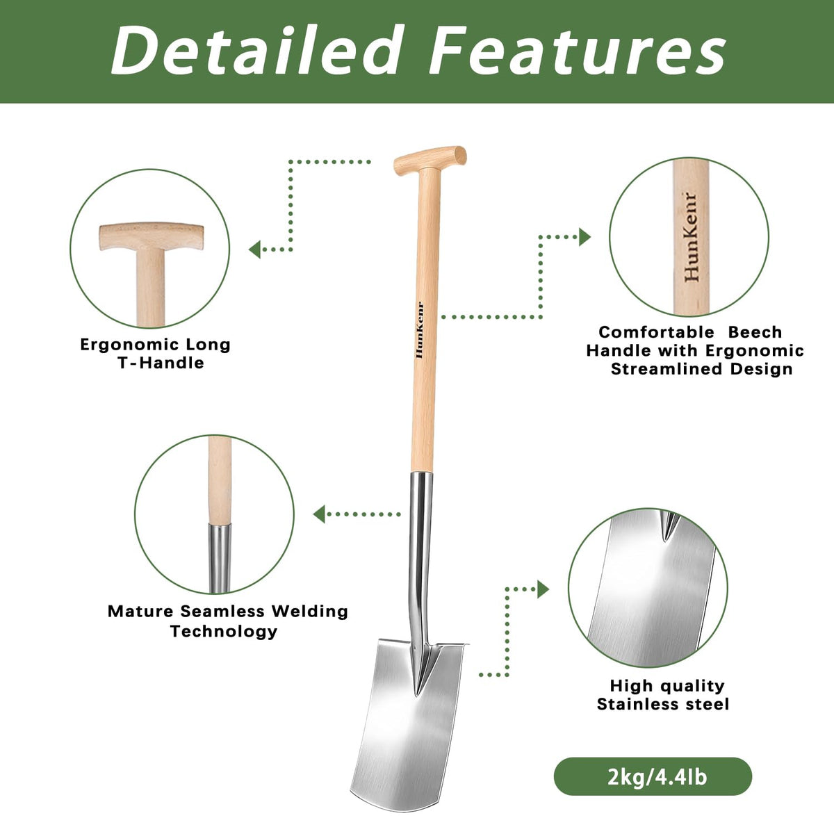 HUNKENR Garden Pitchfork Spade Set, 4-Tine Stainless Steel Pitchfork, 47" Heavy Duty Long Handled Spade with T-Handle/Ergonomic Beech Handle for Digging, Planting, Cultivating, Aerating