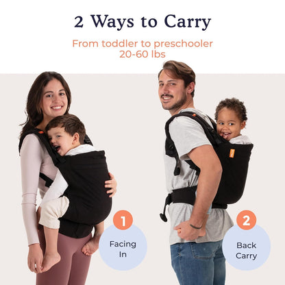 Beco Toddler Carrier with Extra Wide Seat, 100% Cotton Toddler Carrying Backpack Style and Front-Carry, Lightweight & Breathable Child Carrier, Toddler Sling Carrier 20-60 lbs (Metro Black)