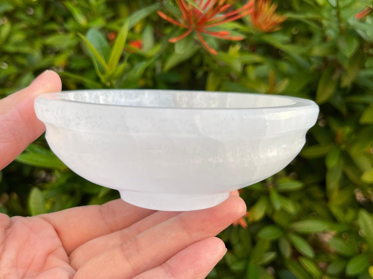 GAF TREASURES Gemstone Carved - 4" Diameter Selenite Crystal Polished Charging Bowl With Curves And Pedestal, Selenite Bowl On Stand