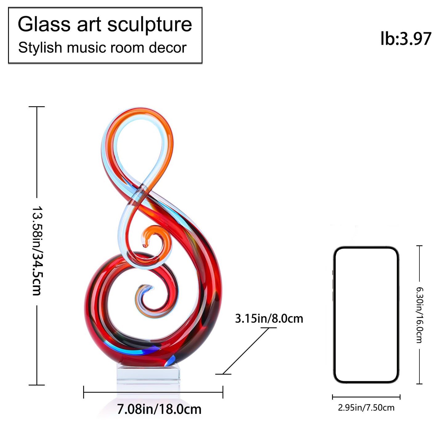 LCCCK 13" H Large Glass Sculpture Red Hand Blown Glass Figurines Art Music Decor, Modern Red Glasses Decor Crystals Statue Knick Knacks- for Luxury Home Living Room Office Console Table Decoration