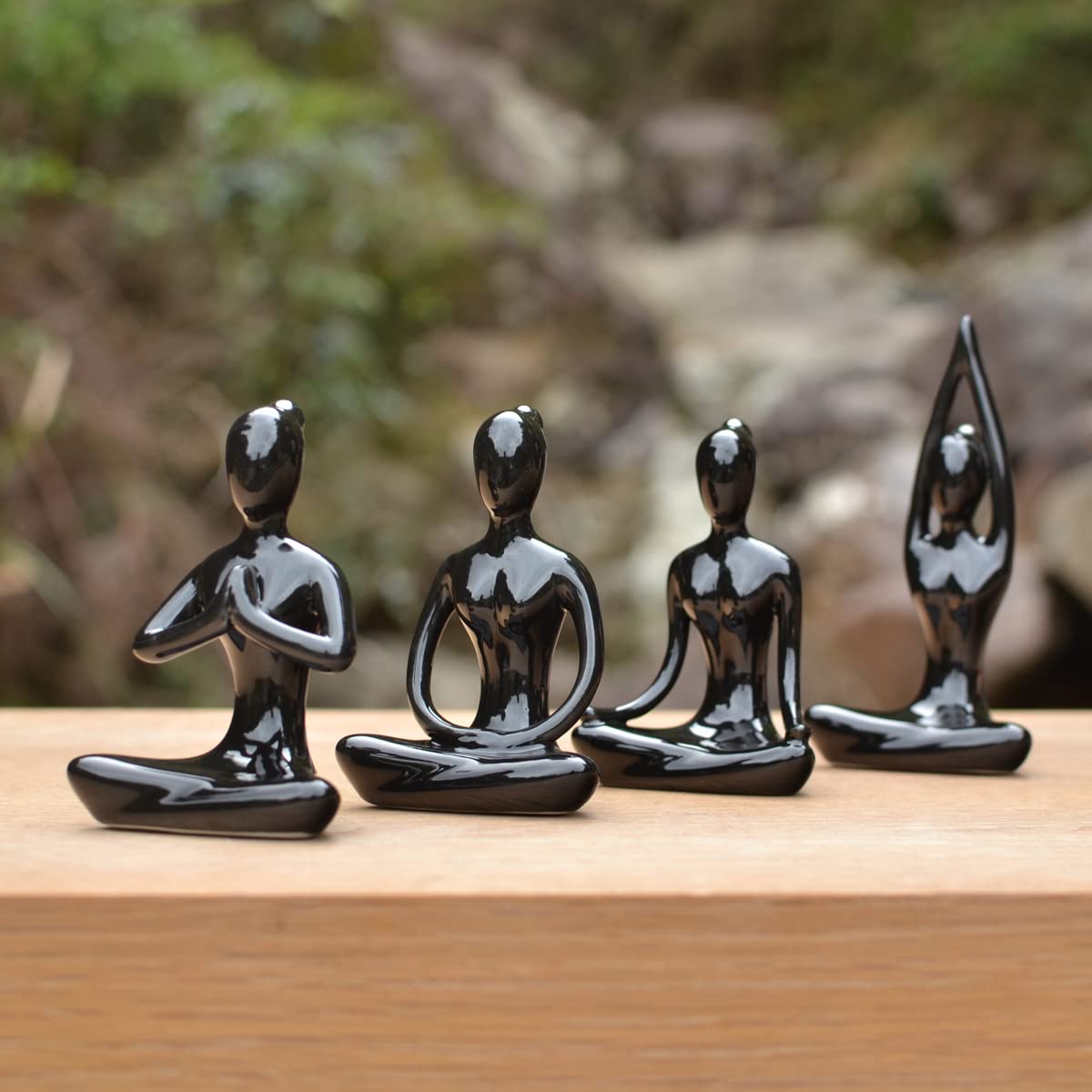 OwMell Lot of 4 Meditation Yoga Pose Statue Figurine Ceramic Yoga Figure Set Decor - Black