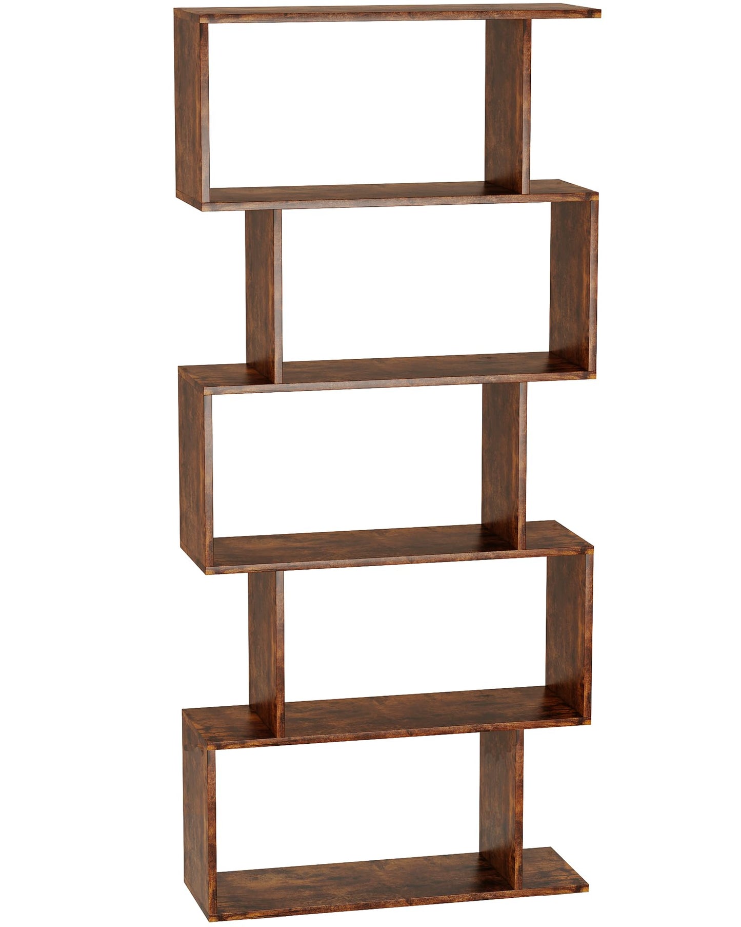 Yusong Bookshelf 5-Tier, Geometric Bookcase S Shaped Book Shelves for Bedroom, Modern Industrial Wood Decorative Display Shelf Book Case for Home Office, Rustic Brown