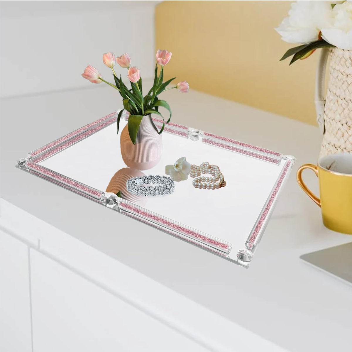 Large Crystal Serving Tray, 15.7" x 11.8" Crushed Diamond Mirror Perfume Rectangular Makeup Display Tray, Crystal Makeup Organizer for Bathroom, Home Decor, Cosmetics, Dresser(Rose Red)
