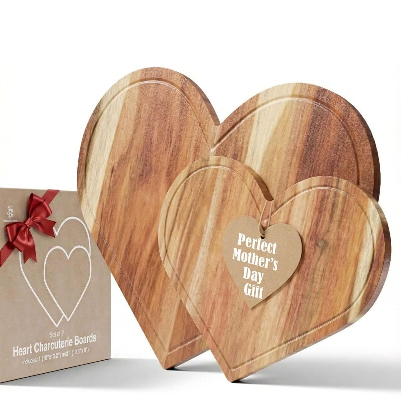 Set of 2 Heart Charcuterie Boards - Acacia Wood Cutting Heart Shaped Charcuterie Board - Mother’s Day Gifts for Mom, Wife, Grandma, Birthday Gifts for Mother & Grandmother