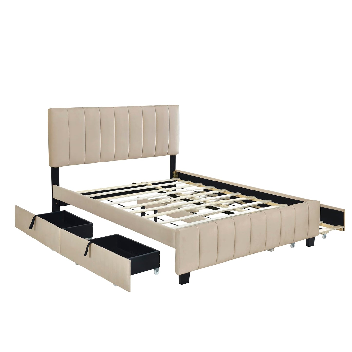 Merax Queen Size Upholstered Platform Bed with 2 Drawers and 1 Twin XL Trundle, Beige Wooden Bed Frame, No Box Spring Need