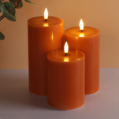 Girimax Burnt Orange Flameless Pillar Candles with Remote, Christmas LED Wax Candles Holiday Table Centerpieces Set of 3