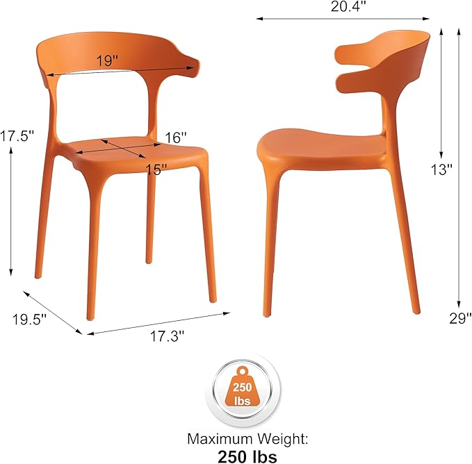 Modern Stackable Dining Chair Set, No Assembly, Plastic Chair, Patio Chair, Suitable for Indoor and Outdoor Cafes and Restaurants, Set of 4 (Orange)