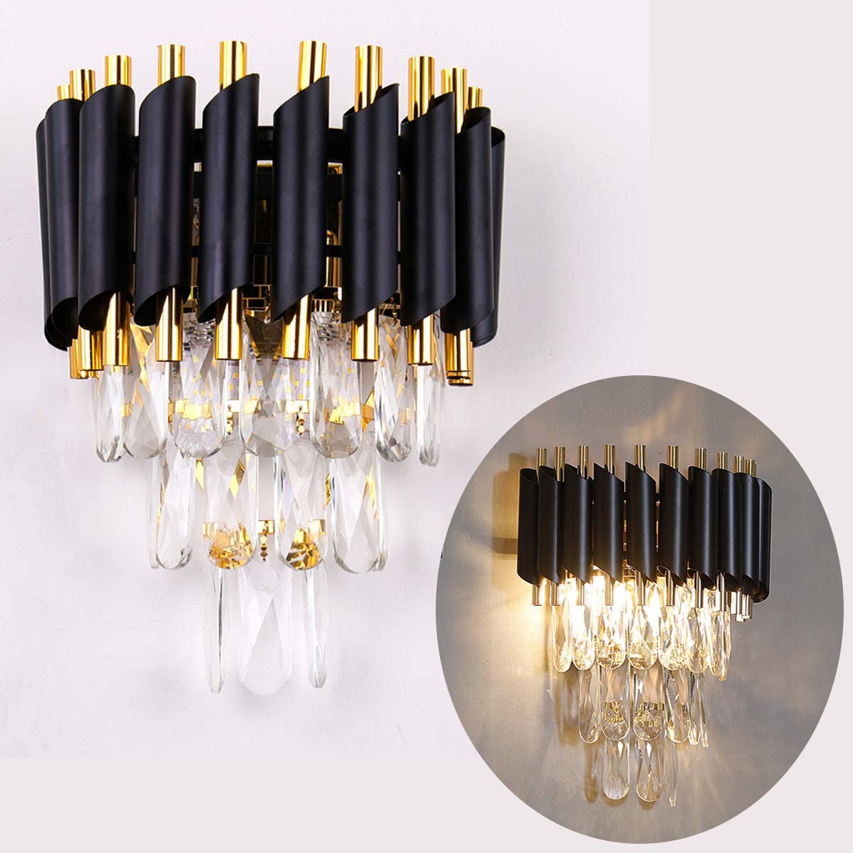 FRIXCHUR Modern Crystal Wall Sconce Lighting Black Crystal Wall Light Fixture Bedside Light 3 Tiers Crystal Wall Lamp for Bedroom Bathroom Dinning Living Room Hallway 2X E12 Base