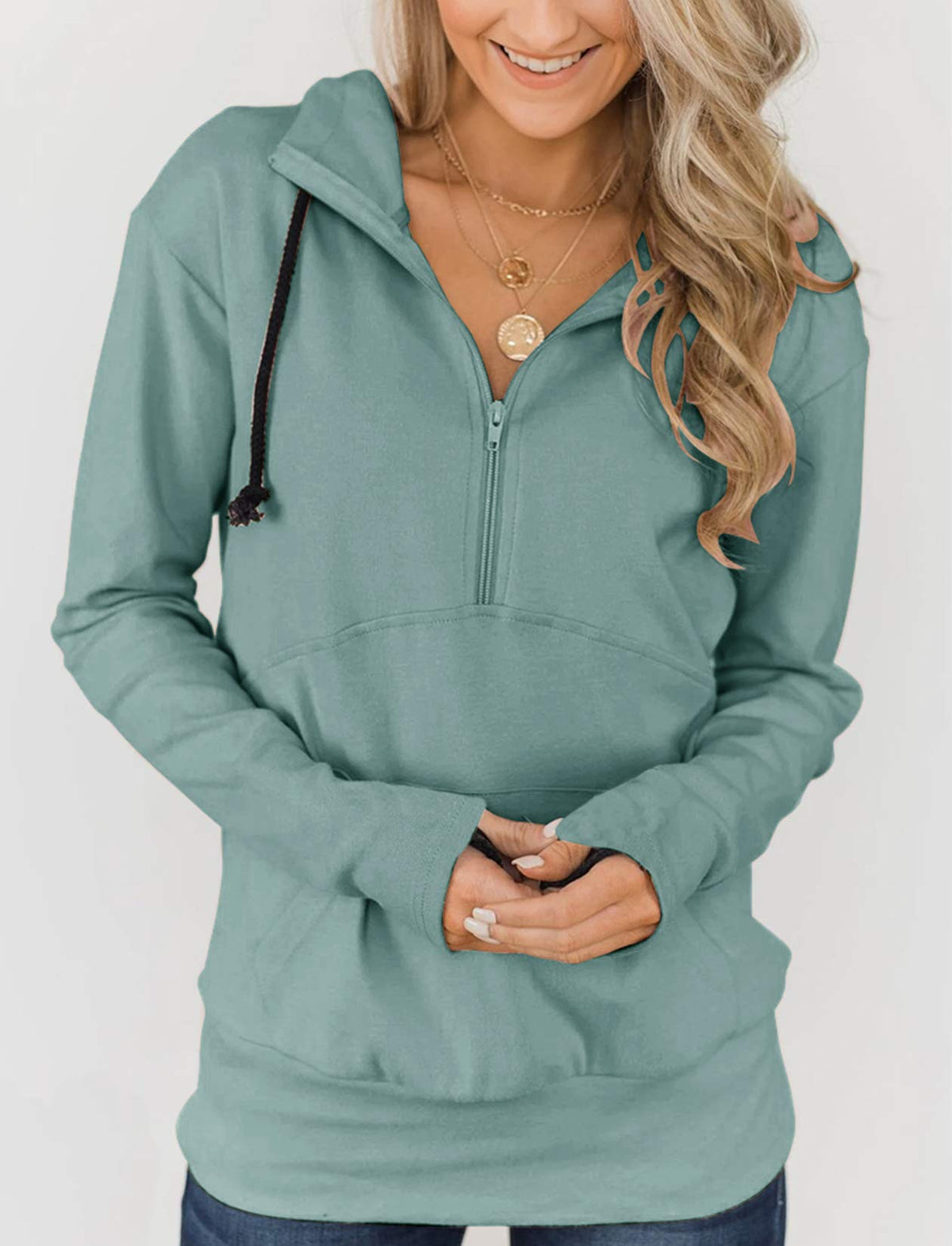 Fallorchid Womens Quarter Zip Pullover Hoodies Casual Long Sleeve Sweatshits with Pocket (Mint, Small)