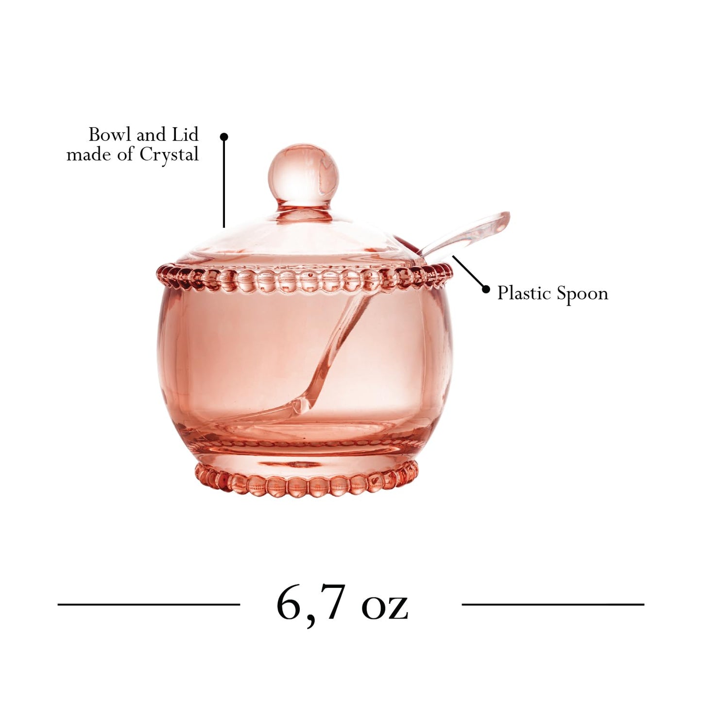 WOLFF - Pearl Crystal Beaded Sugar Bowl with Lid and Spoon - Sugar Holder, Dish for Candy Dispenser, Salt and Condiments Container, Jelly Jar (Pink, Sugar Bowl)