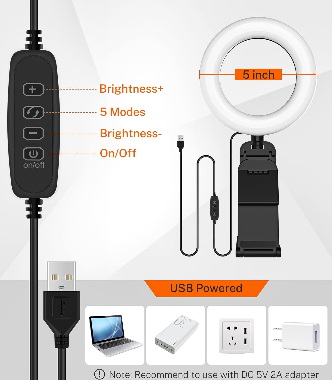 GerTong 5'' Laptop Selfie Ring Light with Stand, Mini Desk LED Phone Ring Light with Dimmable 5 Modes 10 Brightness Level for Makeup Streaming Webcam, All in one Stand Compatible with Smartphone