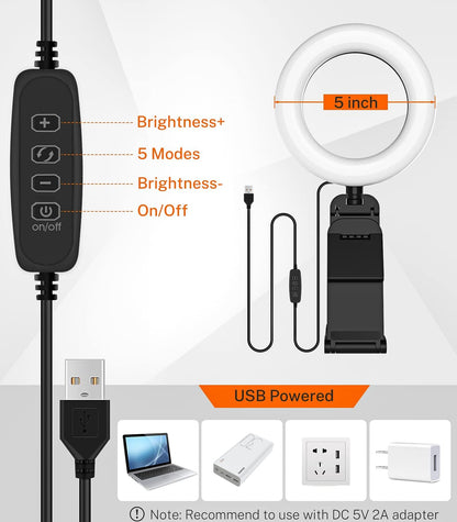 GerTong 5'' Laptop Selfie Ring Light with Stand, Mini Desk LED Phone Ring Light with Dimmable 5 Modes 10 Brightness Level for Makeup Streaming Webcam, All in one Stand Compatible with Smartphone
