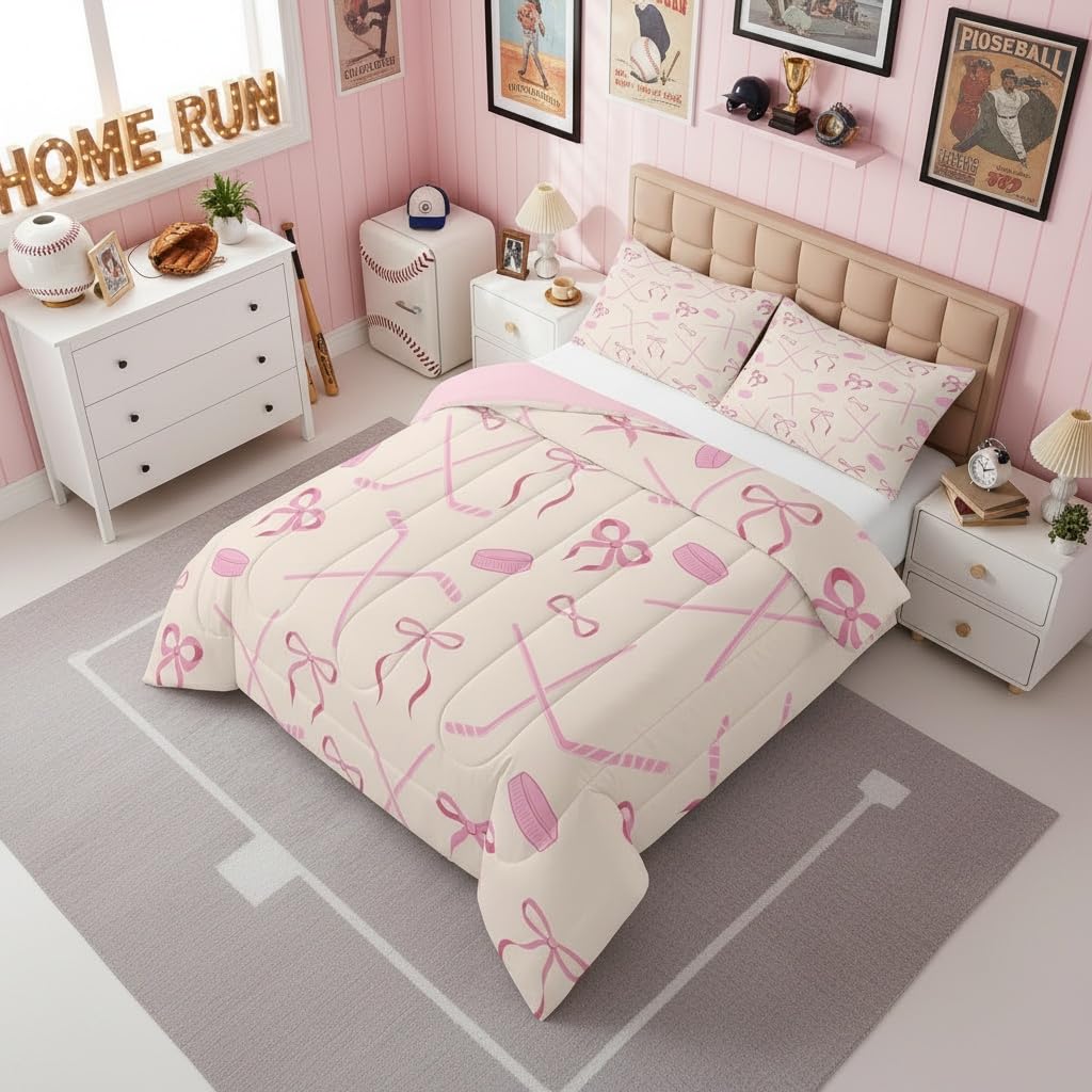 Castle Fairy Ice Hockey Full Bedding Set for Kids Adults,Girls Pink Hockey Stick and Ball Comforter Bed Set,Butterfly Bow Princess Style Quilt Set 3 PCS,Kawaii Girls Woman Duvet Insert,2 Pillow Cases