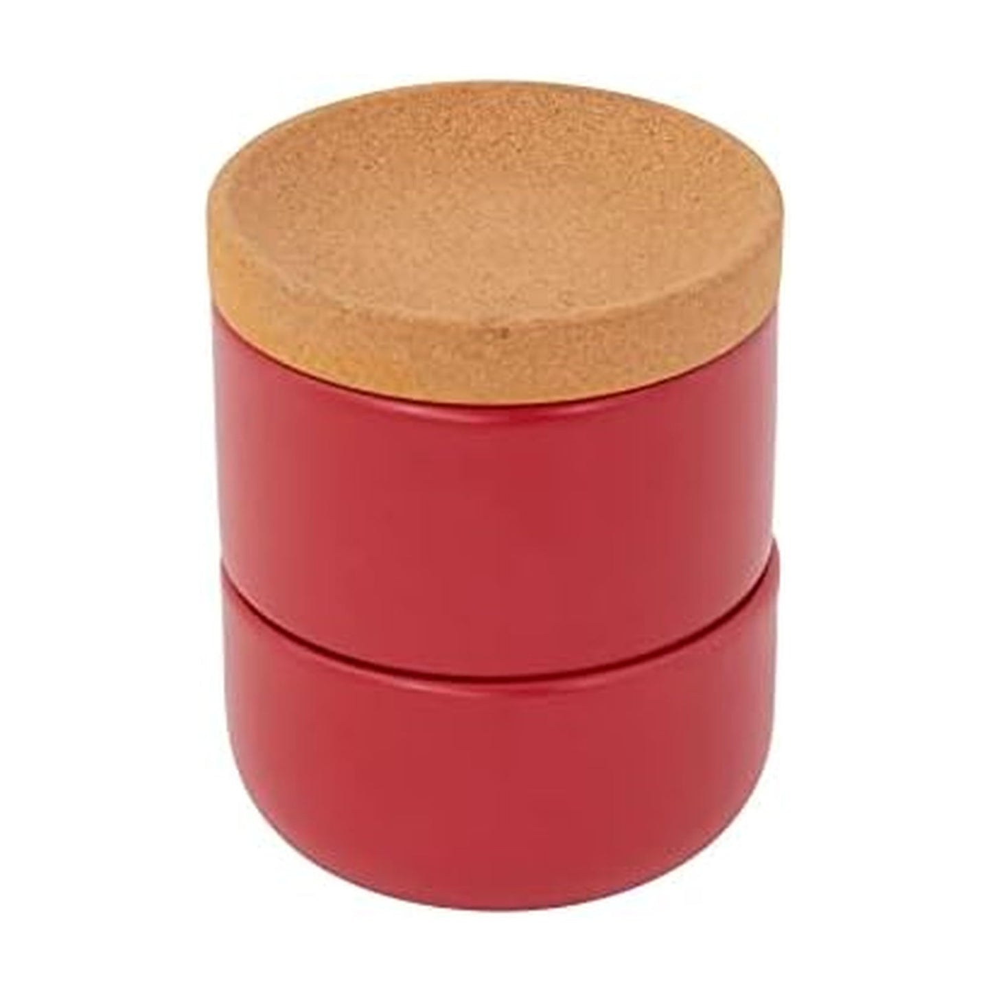 Ceramic and Cork 3 Piece Stackable Salt and Pepper Cellar For Countertop Space Saving1Easy Lift Lid to Retain Freshness for Easy Open, Natural Cork and Red Ceramic