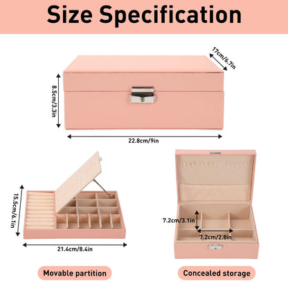 JINGIHE Jewelry Box Organizer for Women Girls, 2 Layers jewelry Storage Case with Removable Tray, PU Leather Jewellery Display Holder for Earring Rings Necklaces Bracelets Watches