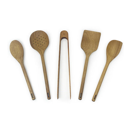 Mitus Non-Toxic Wooden Cooking Utensils - 5 Pcs Natural Acacia Hardwood Set for Nonstick Pans & Cookware - Kitchen Gift Set (Wooden Spoons, Skimmer, Tongs, Spatula)