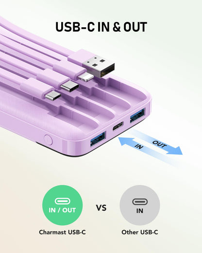charmast Portable Charger with Built in Cables, 10000mAh Slim Power Bank, 15W USB C in&Out Port High Speed Charging External Charger, Battery Pack Compatible with iPhone 16 15 13 Samsung Google iPad