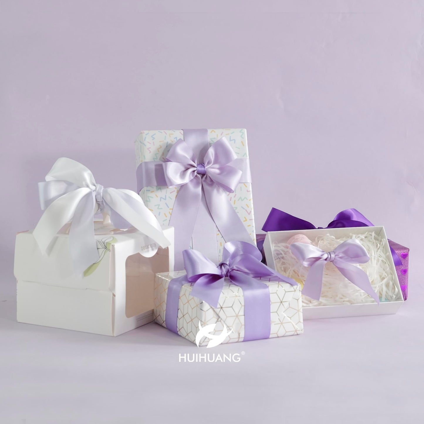 HUIHUANG Purple Ribbon 1-1/2 inch Lilac Purple and White Satin Ribbon Assorted for Flower Bouquet, Gift Wrapping, Bows, Crafts, Eternal Flowers, Bridal Shower Wedding Decor- 6 Rolls, Total 30 Yards